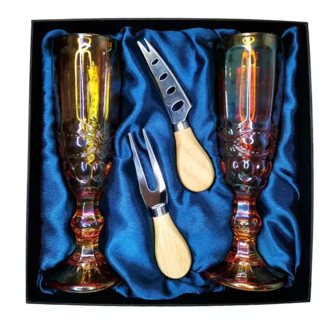Подарочный набор для игристого и сыра, 2 бокала, нож, вилка AmiroTrend ABW-503 blue amber фото